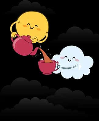 A smiling sun pouring tea from a red pot into a cup held by a smiling cloud above dark mountains