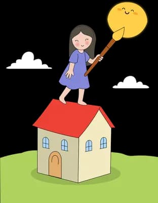 Girl standing on a red-roofed house holding a sun up on a stick