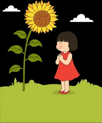 Girl in red looking up at a sunflower taller than she is