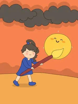 Girl carrying a large smiling sun on her shoulder across an orange desert