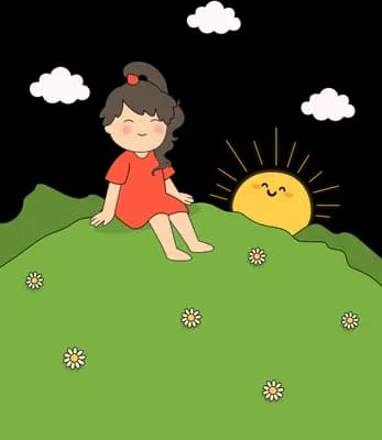 Girl sitting on a green hilltop watching a smiling sun rise beside her