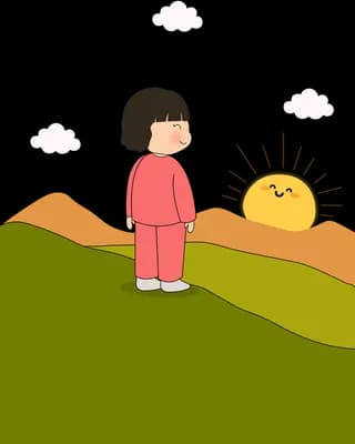 Girl in pink standing on a hilltop watching a small sun sink behind it
