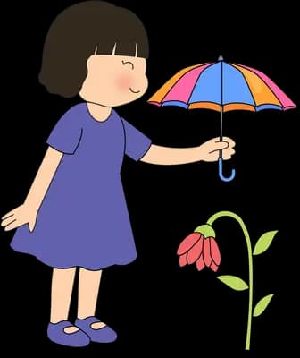 Girl holding a small umbrella over a drooping potted plant