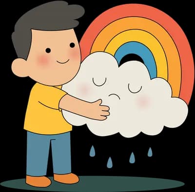 Boy hugging a crying rain cloud with a rainbow arcing behind it