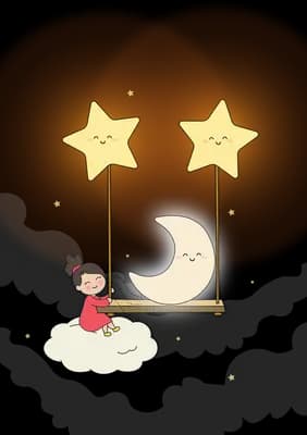 Wooden swing hanging from two glowing smiling stars above a small cloud with a crescent moon behind