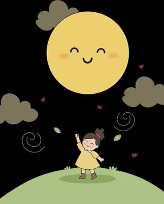 Tiny girl carried into the air by a giant smiling sun balloon over a green hill