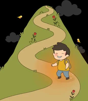 Boy walking up a long winding dirt path over a green hill