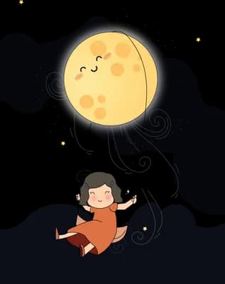 Girl riding a swing hung from a smiling yellow moon above grey clouds