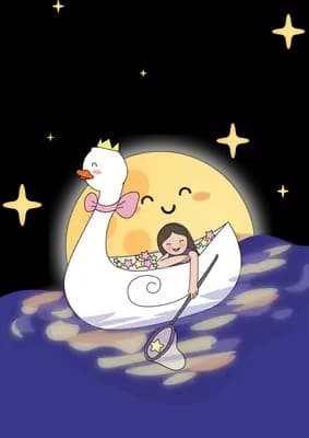Girl lying in a white swan boat drifting on dark water in front of a smiling moon