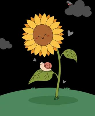 Tall smiling sunflower with a ladybug resting on its leaf and a bee flying past