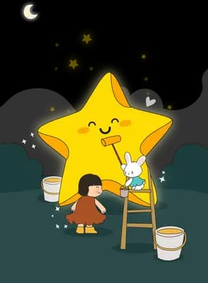 Girl climbing a ladder toward a giant smiling star in a dark garden at night
