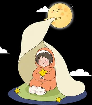 Girl wrapped in an orange hooded blanket sitting on a leaf under a big smiling moon