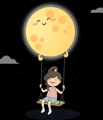 Baby riding a swing that hangs from a big smiling yellow moon
