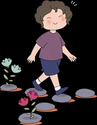 Boy stepping from stone to stone where small flowers sprout between them