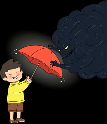 Boy holding up a red umbrella against a black clawed storm cloud