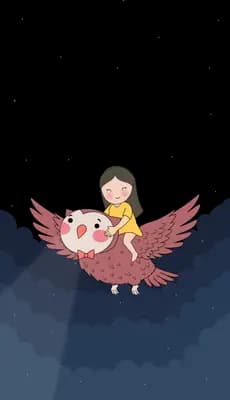 Girl riding a big pink bird flying low over dark water