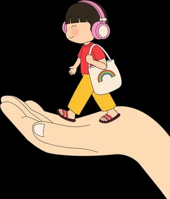 Girl with headphones and a shopping bag walking across a giant open palm
