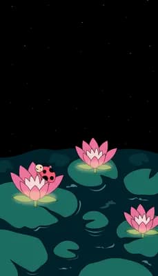 Two pink lotus flowers and a ladybug on a small dark pond