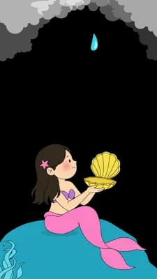 Mermaid lying on a blue reef holding up a golden clam shell
