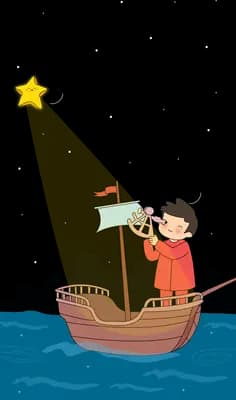 Two children sailing a wooden boat with a glowing star at the masthead