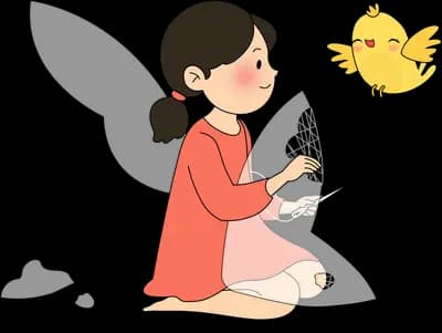 Winged fairy girl watching two yellow chicks flutter beside her