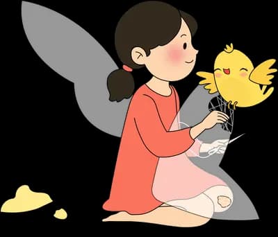 Winged fairy girl nose to nose with a yellow chick on her hand