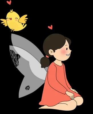 Winged fairy girl sitting as a yellow chick flies above her with a heart