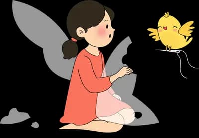Winged fairy girl reaching toward a yellow chick in flight