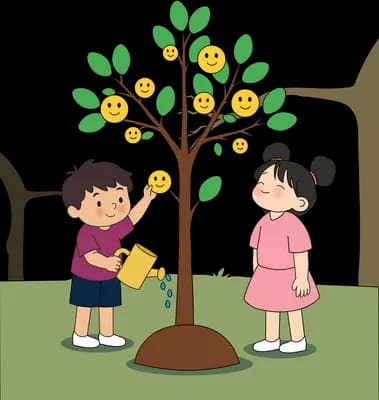 Boy watering a smiley-fruit tree with a girl in pink standing beside him