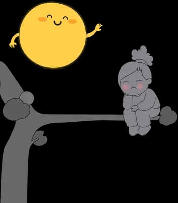 Child in grey on a branch beside a big smiling yellow sun and grey rocks
