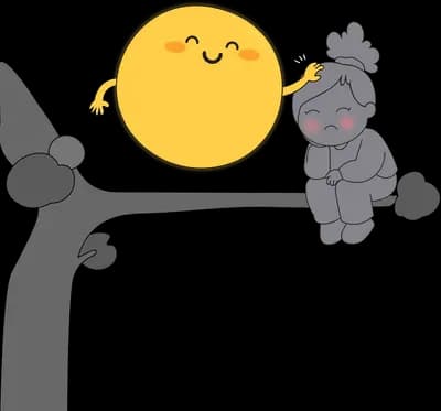 Child sitting on a branch next to a grinning yellow sun with rocks floating below