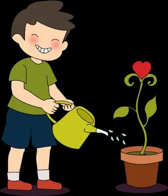 Boy in a green shirt watering a potted red rose with a green watering can