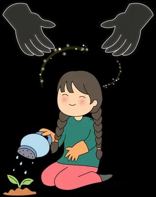 Girl kneeling to water a tiny sprout with a blue watering can