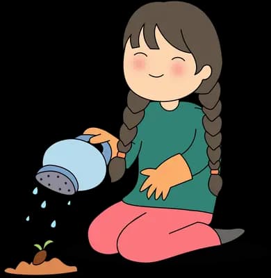 Girl pouring water from a blue can onto a small seedling