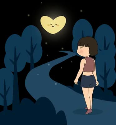 Girl walking a dark forest path under a heart-shaped moon