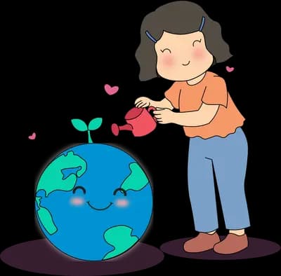 Girl watering a sprout growing on top of a smiling earth globe