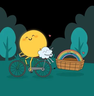 Smiling sun and a cloud riding a tandem bicycle with a picnic basket