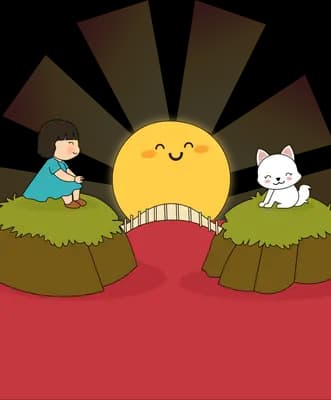 Child and a white rabbit sitting on cliffs either side of a rising smiling sun