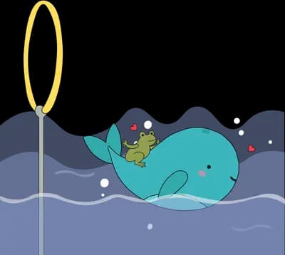 Teal whale swimming past a tall yellow leaf in shallow blue water