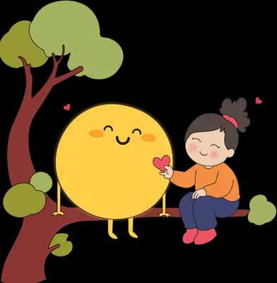Boy sitting on a branch beside a big smiling yellow sun in a tree