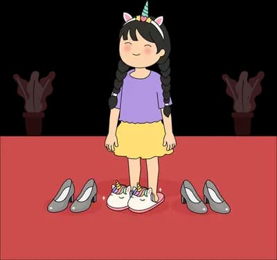 Rows of grey shoes arranged on an empty red mat