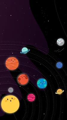 Hand reaching among small drifting planets and a yellow sun