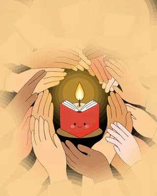 Cupped hands sheltering a smiling red candle on a warm amber background