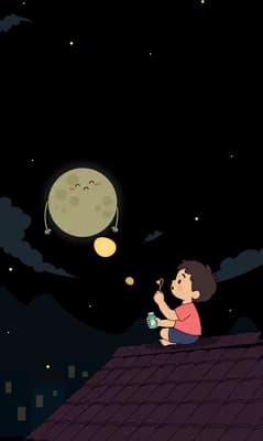 Girl on a rooftop coaxing a dim moon with a face down towards her