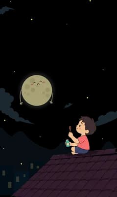 Girl sitting alone on a rooftop below a dull olive moon in the sky