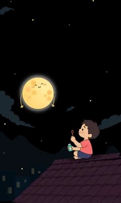 Girl sitting on a rooftop looking up at a bright yellow moon