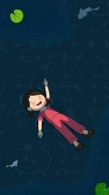 Girl in a red snowsuit lying back on a snowdrift under a green crescent moon
