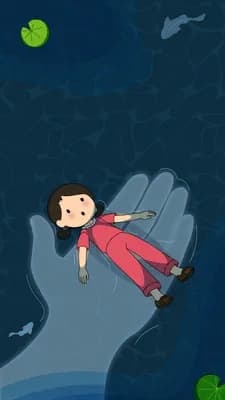 Girl in a red snowsuit sprawled on blue snow with a green moon overhead