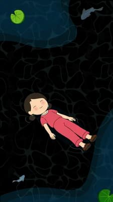 Girl resting on a snowdrift while a green moon glows in a dark patch of sky
