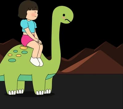 Girl riding on the back of a green dinosaur in front of pink mountains